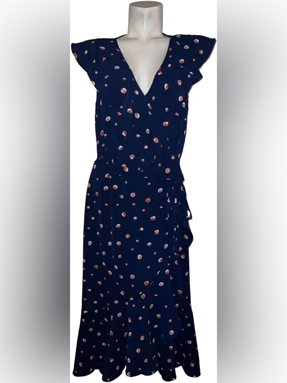 Max Studio Navy Wrap Midi ruffle Dress with Pink Dot Print